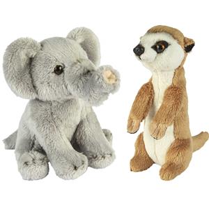 Ravensden Safari dieren serie pluche knuffels 2x stuks - Olifant en Stokstaartje van 15 cm -