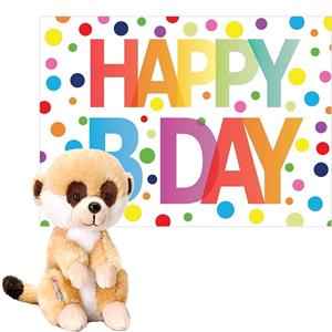 Pluche dieren knuffel stokstaartje 14 cm met Happy Birthday wenskaart -