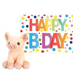 Keel Toys Pluche dieren knuffel varken 12 cm met Happy Birthday wenskaart -