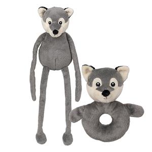 Nature Planet Pluche dieren setje wolf knuffel rammelaar 15 cm en fluffy knuffeldier 33 cm -