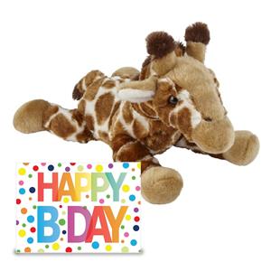 Verjaardag cadeau giraffe 25 cm met Happy Birthday wenskaart -