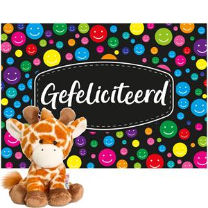 pluche giraffe knuffel 14 cm met Gefeliciteerd A5 wenskaart -