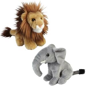 Ravensden Knuffeldieren set leeuw en olifant pluche knuffels 18 cm -