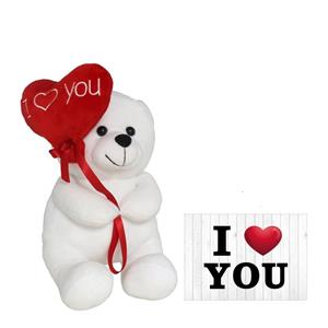 Gerimport Pluche knuffelbeer met I Love hartje - wit/rood - 20 cm - incl. wenskaart -