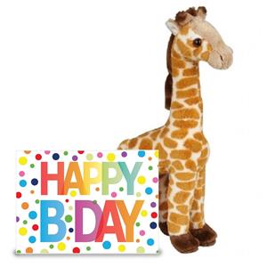 Verjaardag cadeau giraffe 23 cm met Happy Birthday wenskaart -