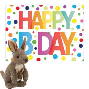 Pluche dieren knuffel kangoeroe 20 cm met Happy Birthday wenskaart -