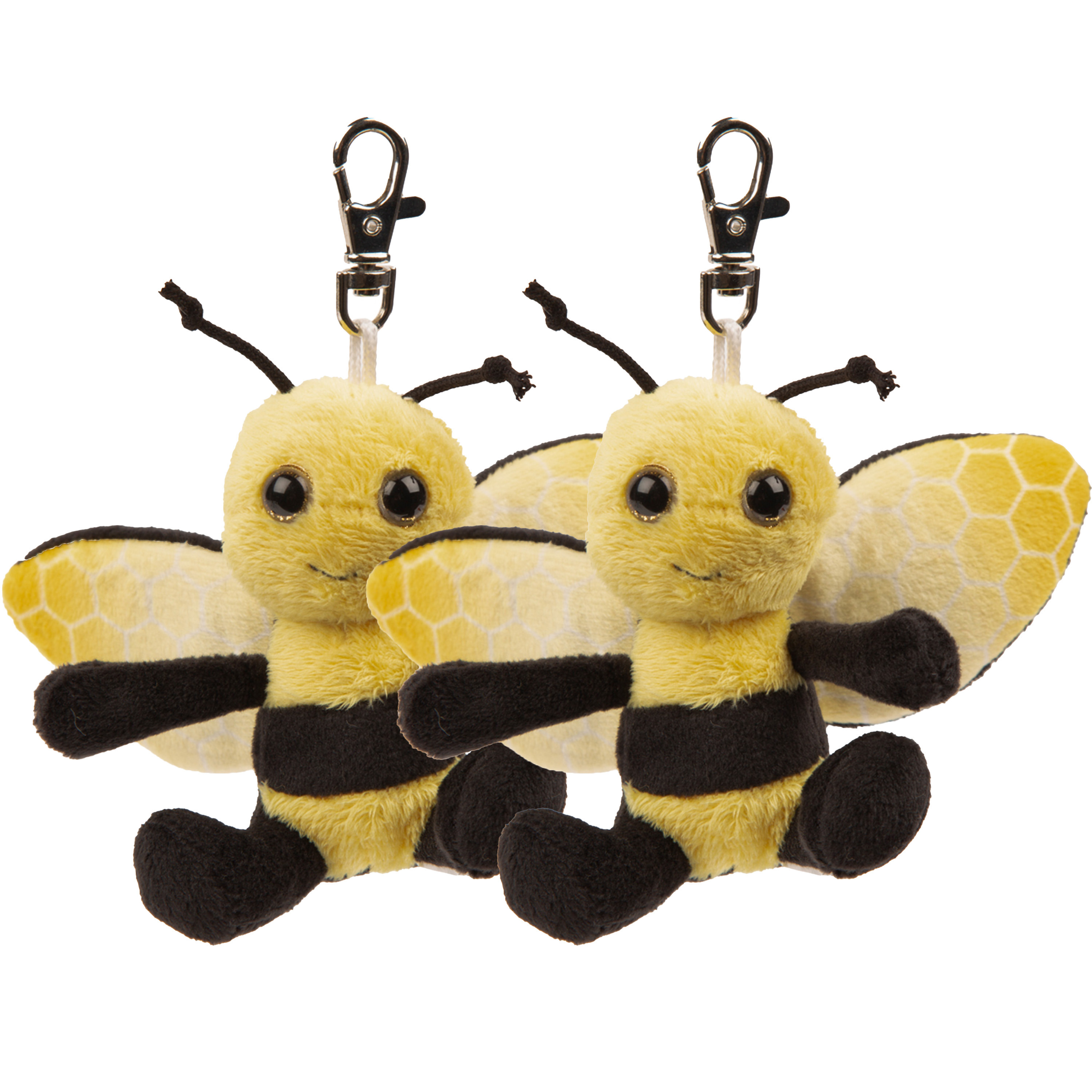 Pluche knuffeldier Bijen sleutelhanger - 2x - geel/zwart - 9 cm - clip sluiting -