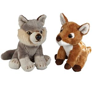 Ravensden Bosdieren zachte pluche knuffels 2x stuks - Hertje en Wolf van 15 cm -