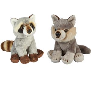 Ravensden Bosdieren zachte pluche knuffels 2x stuks - Wasbeer en Wolf van 15 cm -