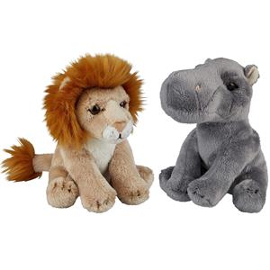 Safari dieren serie pluche knuffels 2x stuks - Nijlpaard en Leeuw van 15 cm -