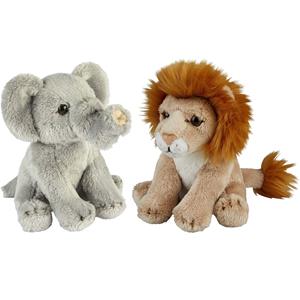 Ravensden Safari dieren serie pluche knuffels 2x stuks - Olifant en Leeuw van 15 cm -