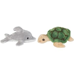 Ravensden Zeedieren serie zachte pluche knuffels 2x stuks - Dolfijn en Zeeschildpad van 15 cm -