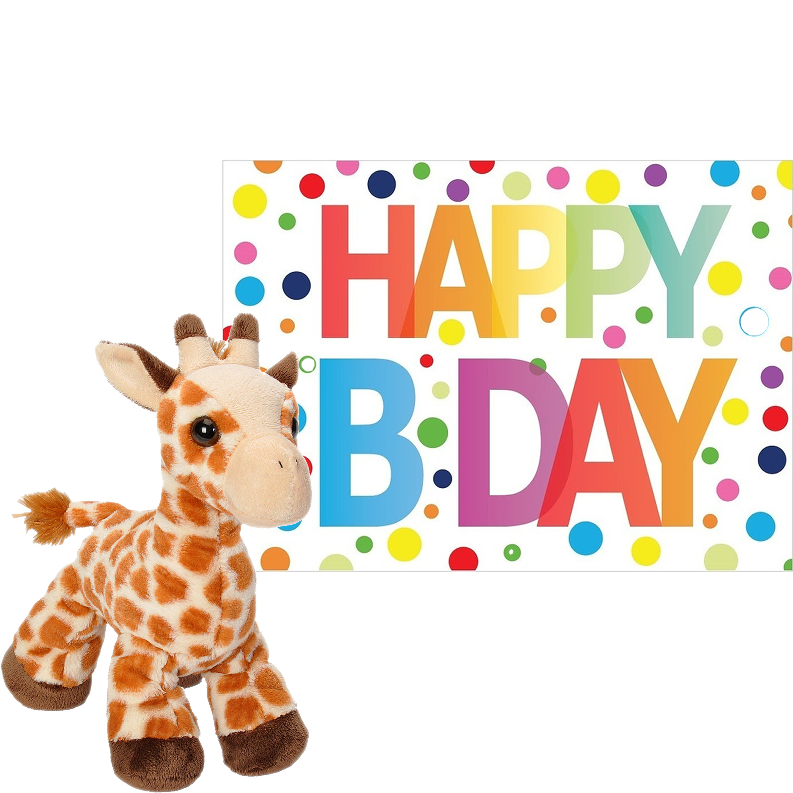Pluche dieren knuffel giraffe 18 cm met Happy Birthday wenskaart -