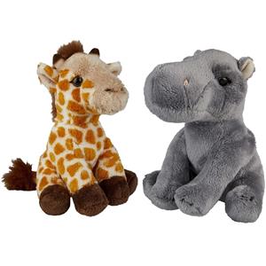 Ravensden Safari dieren serie pluche knuffels 2x stuks - Nijlpaard en Giraffe van 15 cm -