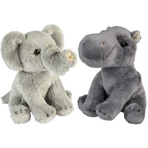 Ravensden Safari dieren serie pluche knuffels 2x stuks - Olifant en Nijlpaard van 15 cm -