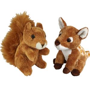 Bosdieren zachte pluche knuffels 2x stuks - Hertje en Eekhoorn van 15 cm -