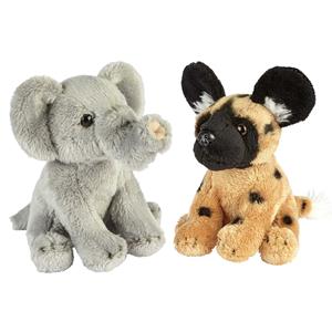 Ravensden Safari dieren serie pluche knuffels 2x stuks - Olifant en Wilde Hond van 15 cm -