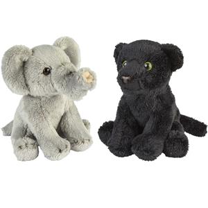 Ravensden Safari dieren serie pluche knuffels 2x stuks - Olifant en Zwarte Panter van 15 cm -