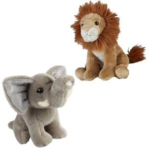 Ravensden Knuffeldieren set leeuw en olifant pluche knuffels 18 cm -