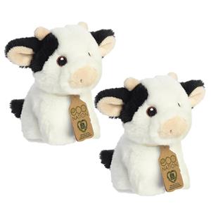 Aurora Set van 2x stuks pluche dieren knuffels zwart/witte koeien van 13 cm -