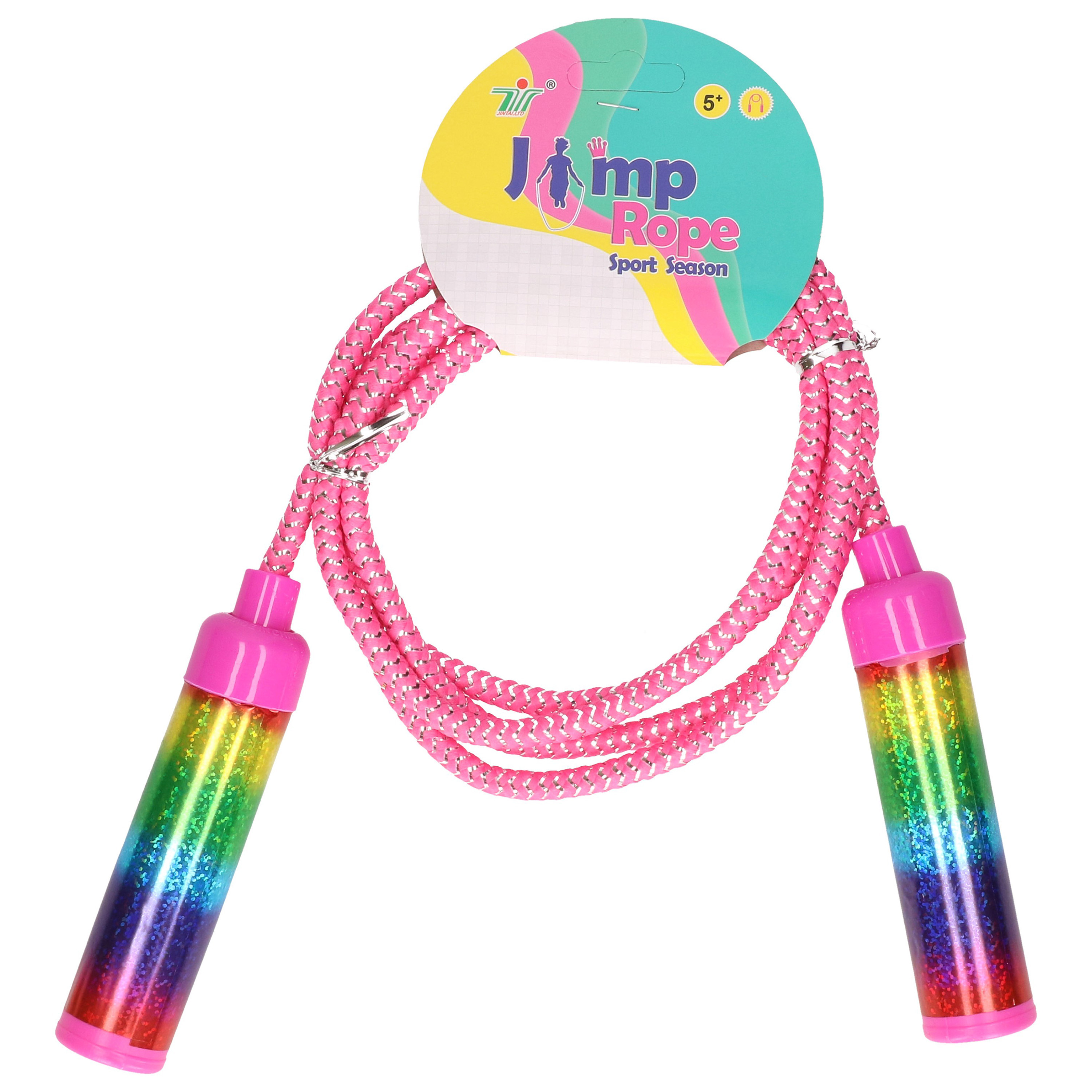 Kids Fun Springtouw speelgoed Rainbow glitters - roze - 210 cm - buitenspeelgoed -