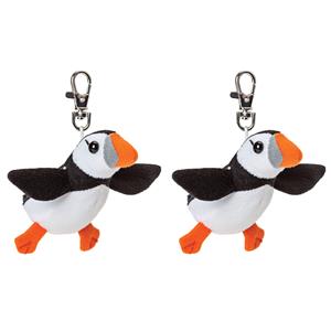 Suki Gifts Pluche knuffeldier Papegaaiduiker vogel sleutelhanger - 2x - zwart/wit - 9 cm - clip sluiting -