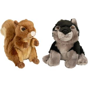 Bosdieren zachte pluche knuffels 2x stuks - Eekhoorn en Grijze Wolf van 18 cm -