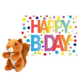 Pluche dieren knuffel eekhoorn 12 cm met Happy Birthday wenskaart -