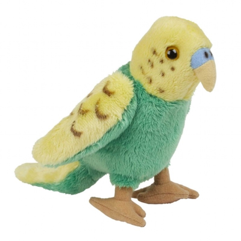 Ravensden Pluche Grasparkiet knuffel - groen/geel - 15 cm - speelgoed vogel knuffeldieren -