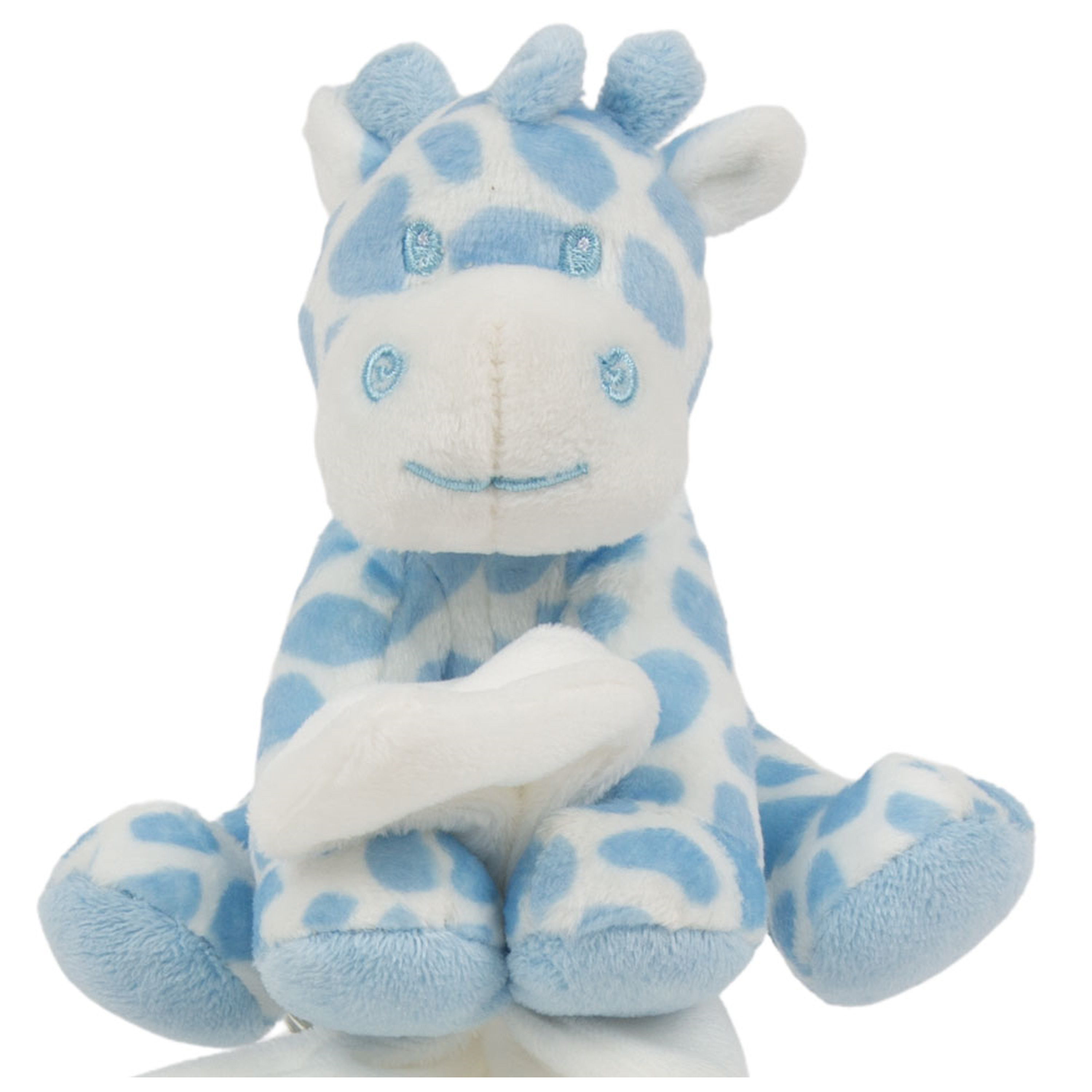 Suki Gifts pluche gevlekte giraffe knuffeldier - tuttel doekje - blauw/wit - 30 cm -