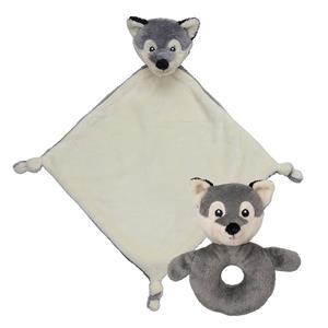 Nature Planet Pluche dieren setje wolf knuffel rammelaar 15 cm en tutteldoekje cm -