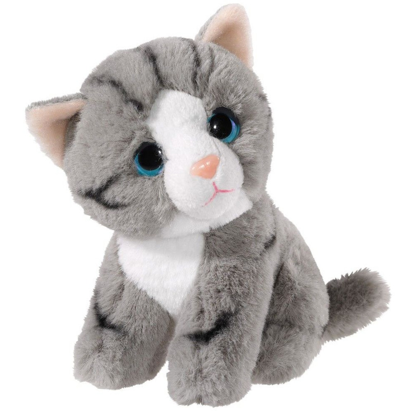 Heunec Pluche grijze kat/poes knuffel - 14 cm - speelgoed katten -