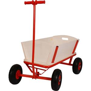 Houten bolderkar met rood metalen frame en luchtbanden 85 x 60 x 53 cm -