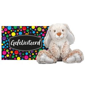 Melissa & Doug Pluche knuffel cadeau Konijn 25 cm met A5-size Gefeliciteerd wenskaart -