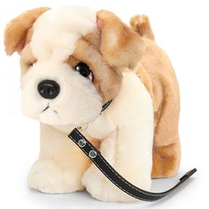 Keel Toys Pluche knuffel hond - bull dog - met riem - 30cm - bruin -