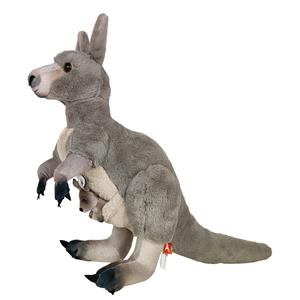 knuffel Kangoeroe - met baby - pluche - grijs - 30 cm - dieren knuffels -