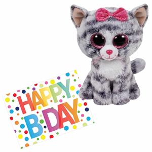 Ty Beanie Pluche knuffel kat/poes  Kiki 15 cm met A5-size Happy Birthday wenskaart -