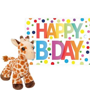 Wild Republic Pluche dieren knuffel giraffe 18 cm met Happy Birthday wenskaart -