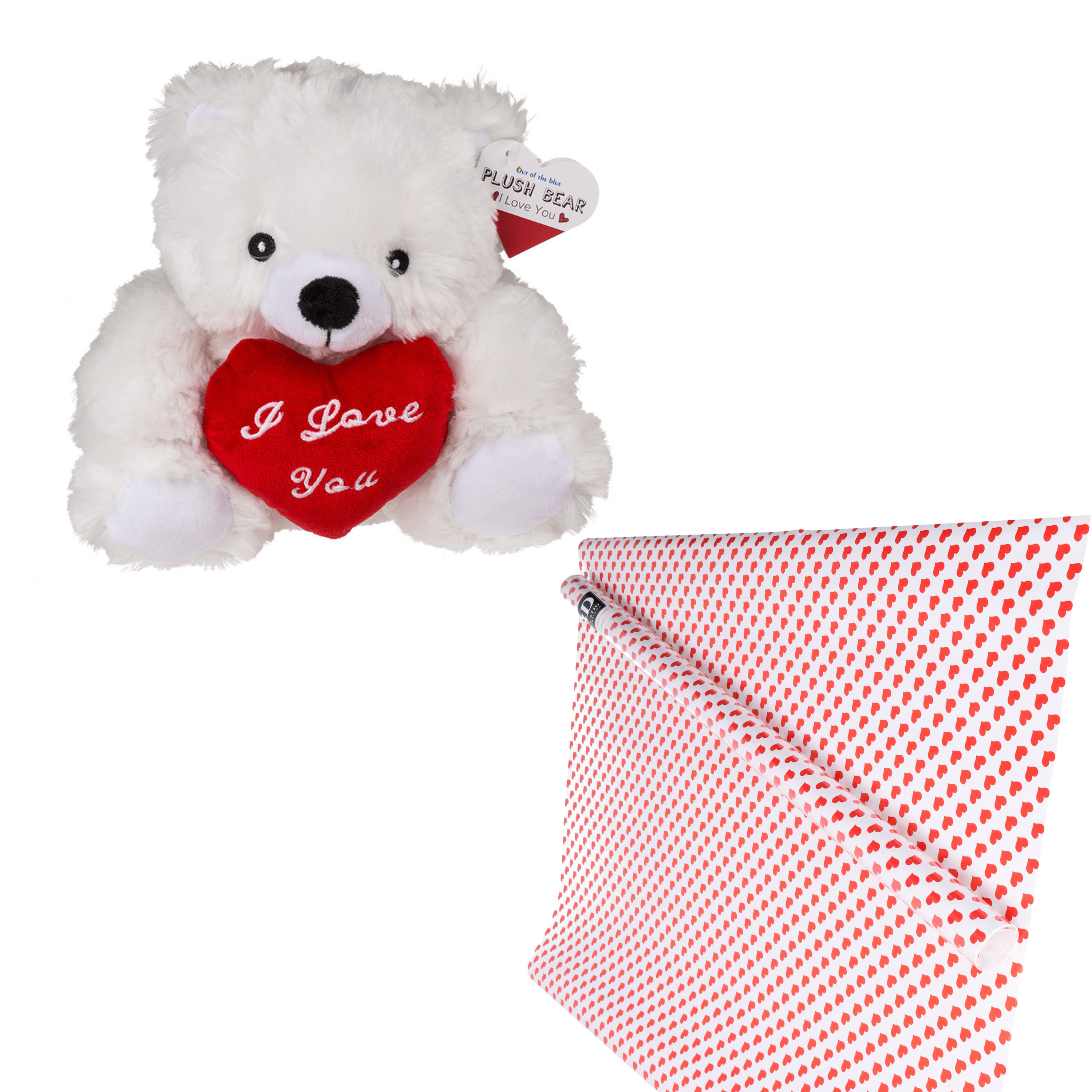 Out of the blue Valentijn cadeaupakket - knuffelbeer en inpakpapier - hartjes - valentijnsdag - cadeau -