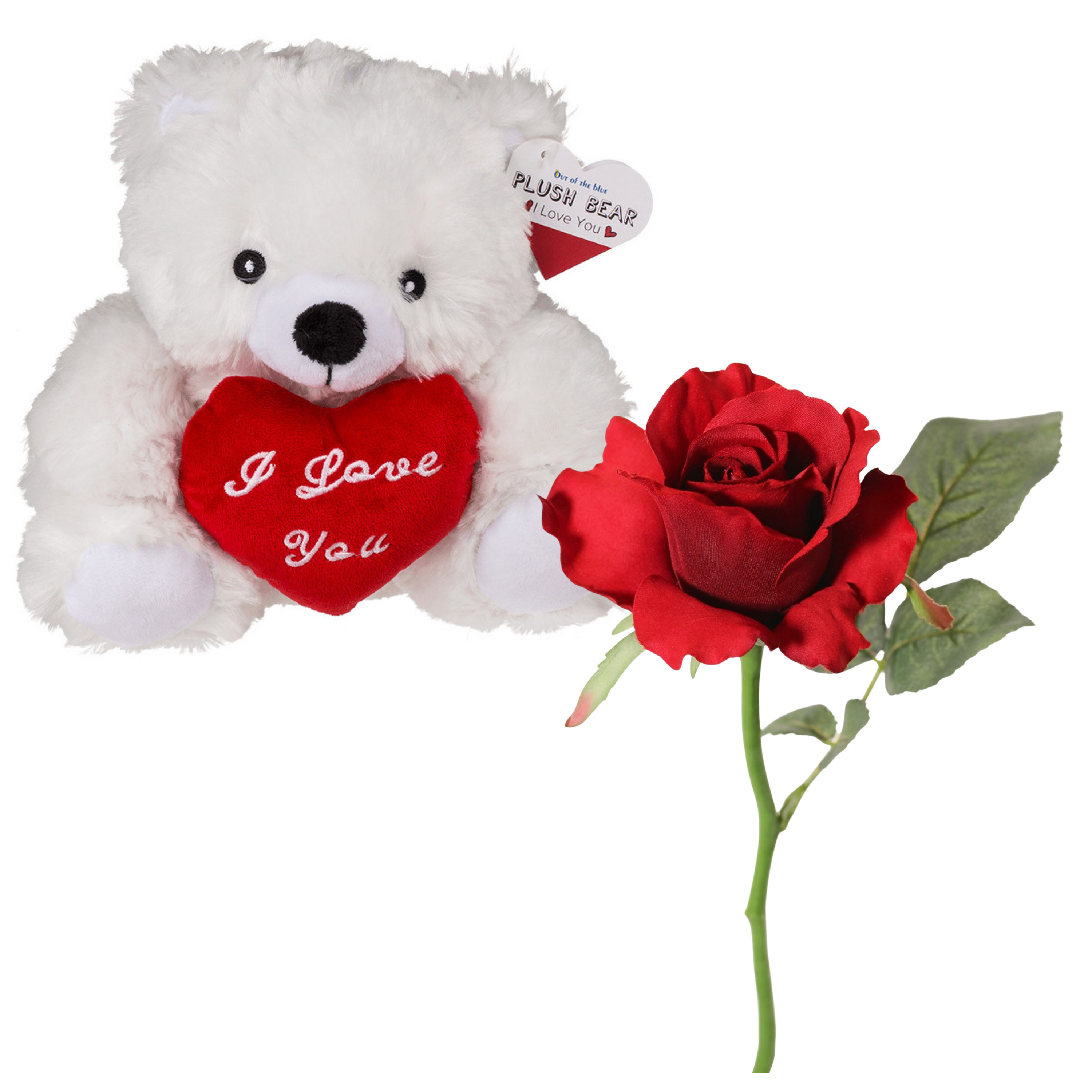 Out of the blue Valentijnscadeau - Beertje en Roos - kunstbloem - rood - cadeau - romantisch -