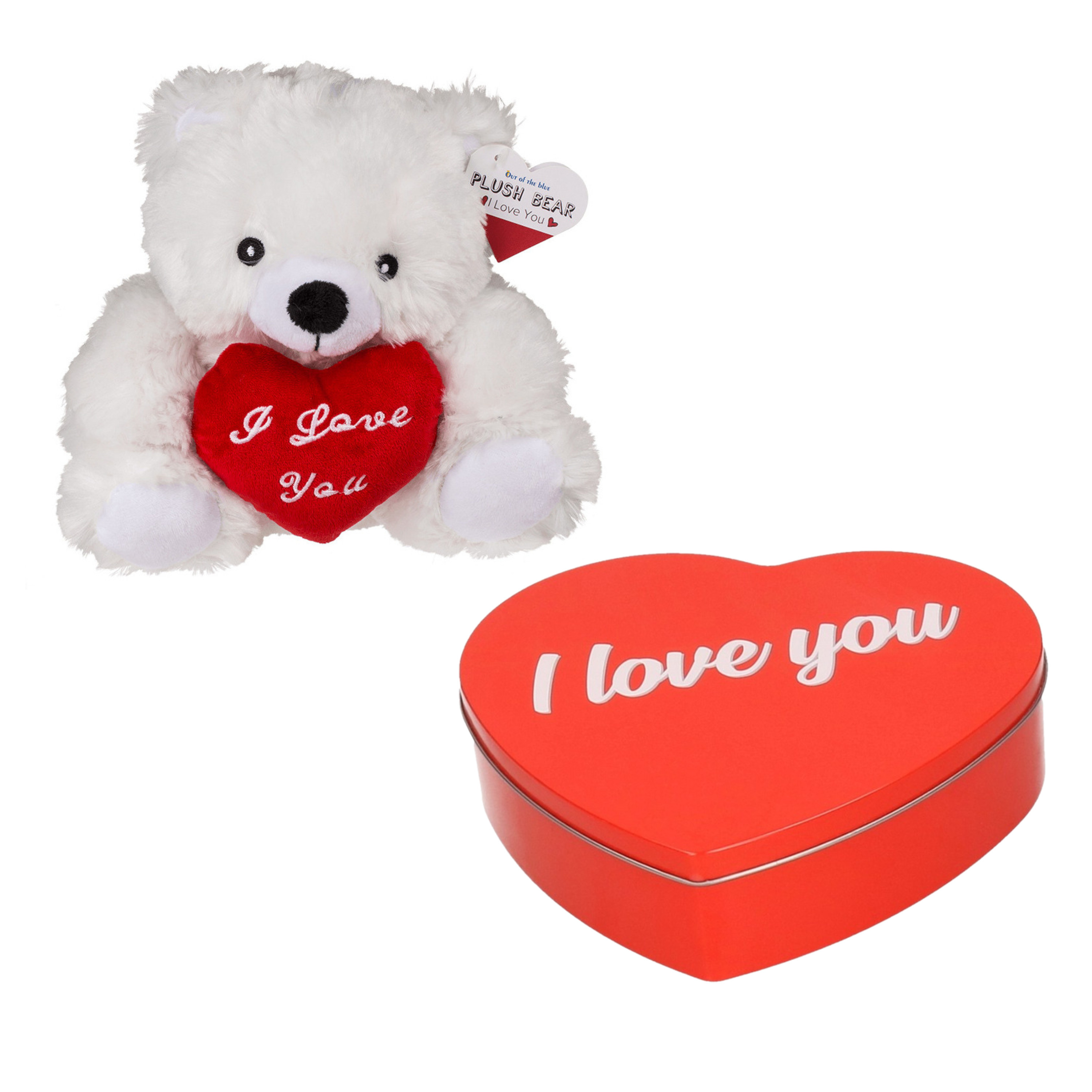 Out of the blue Valentijnsdagcadeau - snoepblik en knuffelbeer - rood - i love you - cadeau -
