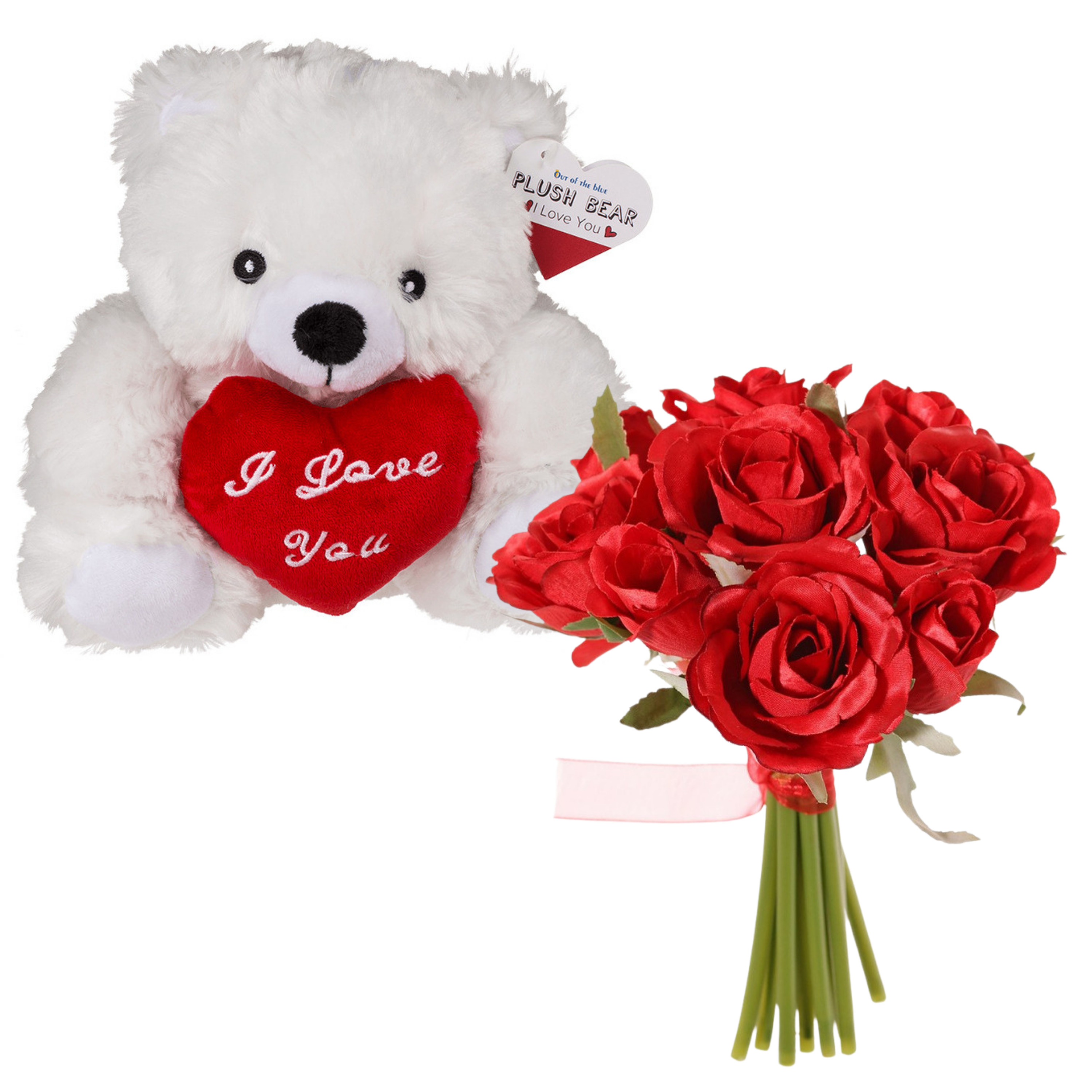 Out of the blue Valentijnscadeau - Beertje en rozenboeket - kunstbloem - rood - cadeau - romantisch -
