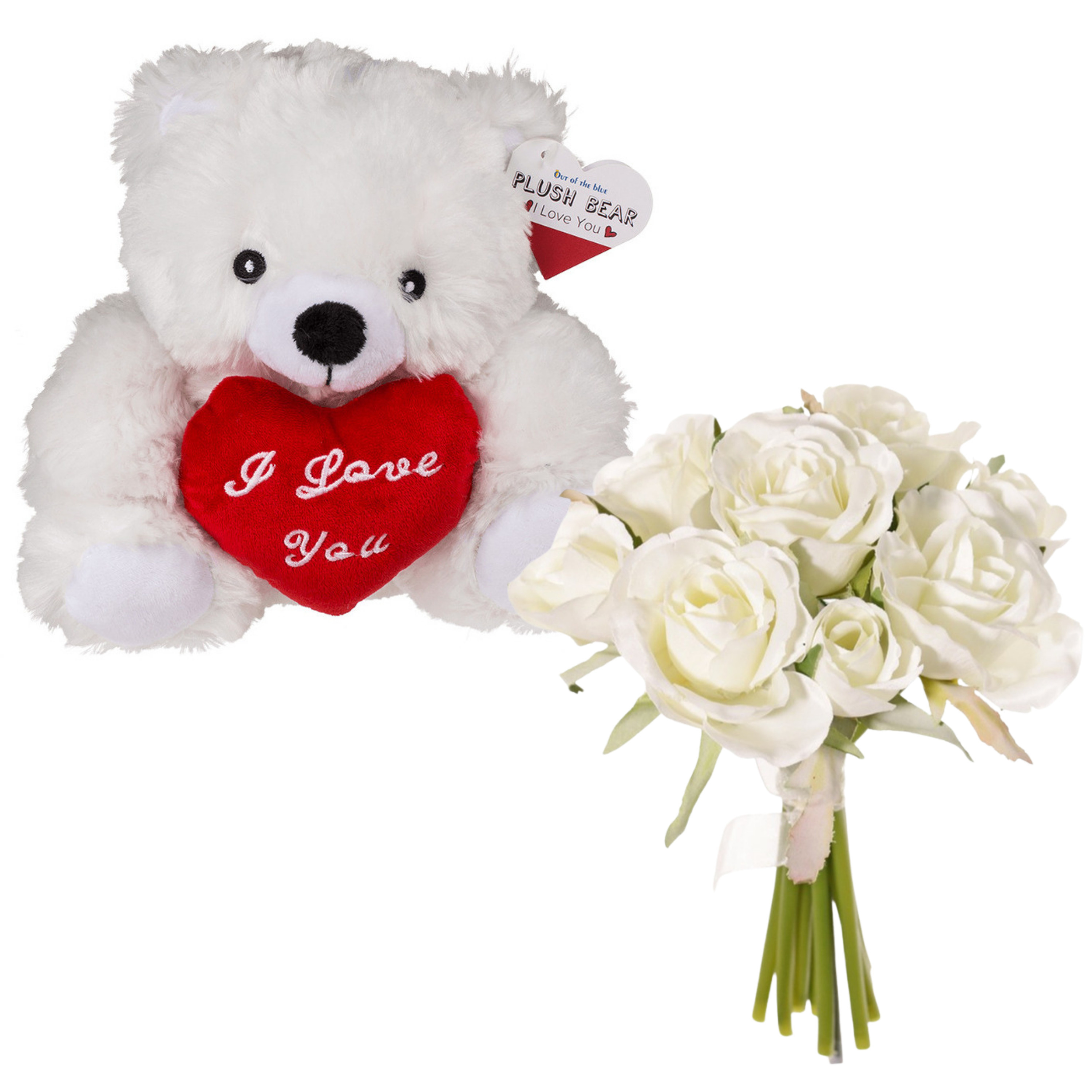 Out of the blue Valentijnscadeau - Beertje en rozenboeket- kunstbloem - wit - cadeau - romantisch -