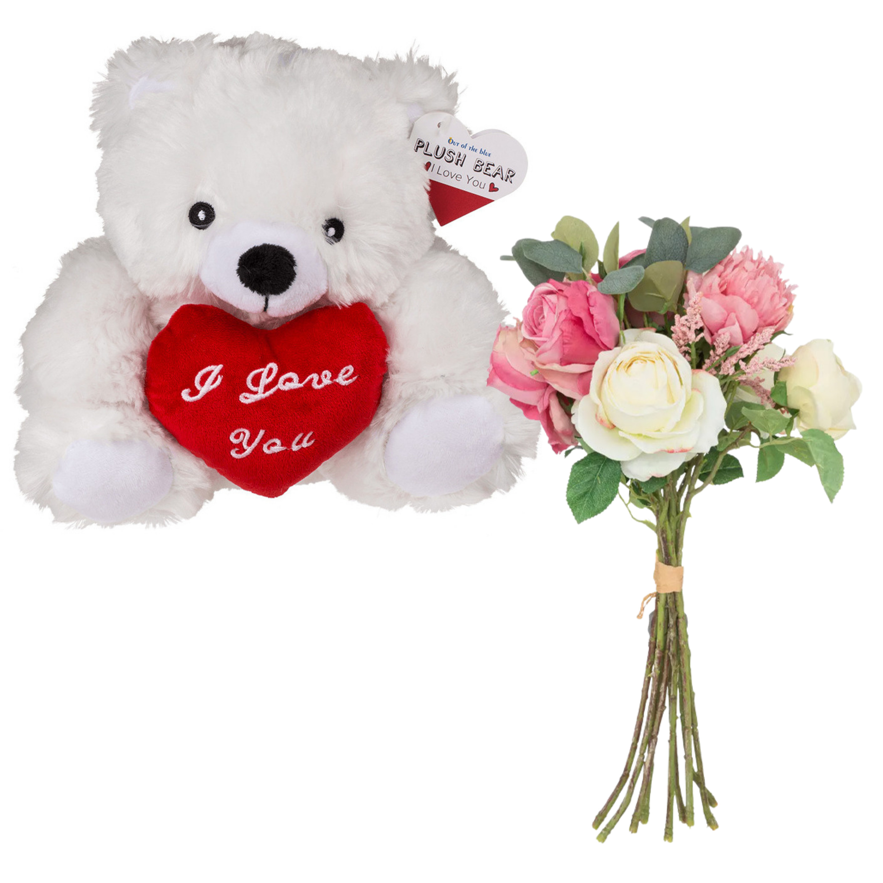 Out of the blue Valentijnscadeau - Beertje en bloemenboeket - kunstbloem - wit - cadeau - romantisch -