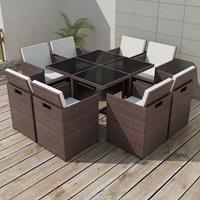 vidaXL 9-tlg. Garten-Essgruppe mit Auflagen Poly Rattan  Braun