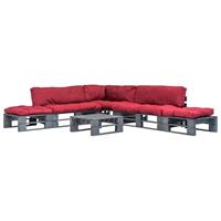 6-delige Loungeset Pallet Met Rode Kussens Hout