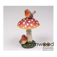 Farmwood Animals Decoratie huis/tuin beeldje paddenstoel met roodborstjes 16 cm Multi