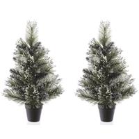 Bellatio 2x Besneeuwde kunst kerstbomen in pot 60 cm Wit