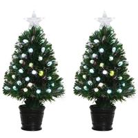 Bellatio 2x Groene glasvezel kunstkerstbomen 90 cm met LED lampjes Groen