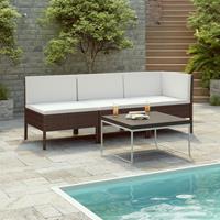 vidaXL 3-delige Loungeset met kussens poly rattan bruin